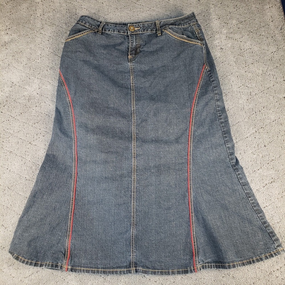 Wah Jeans Womens 16W Blue Denim Midi Flare Skirt‎ Stretch Western Cottagecore